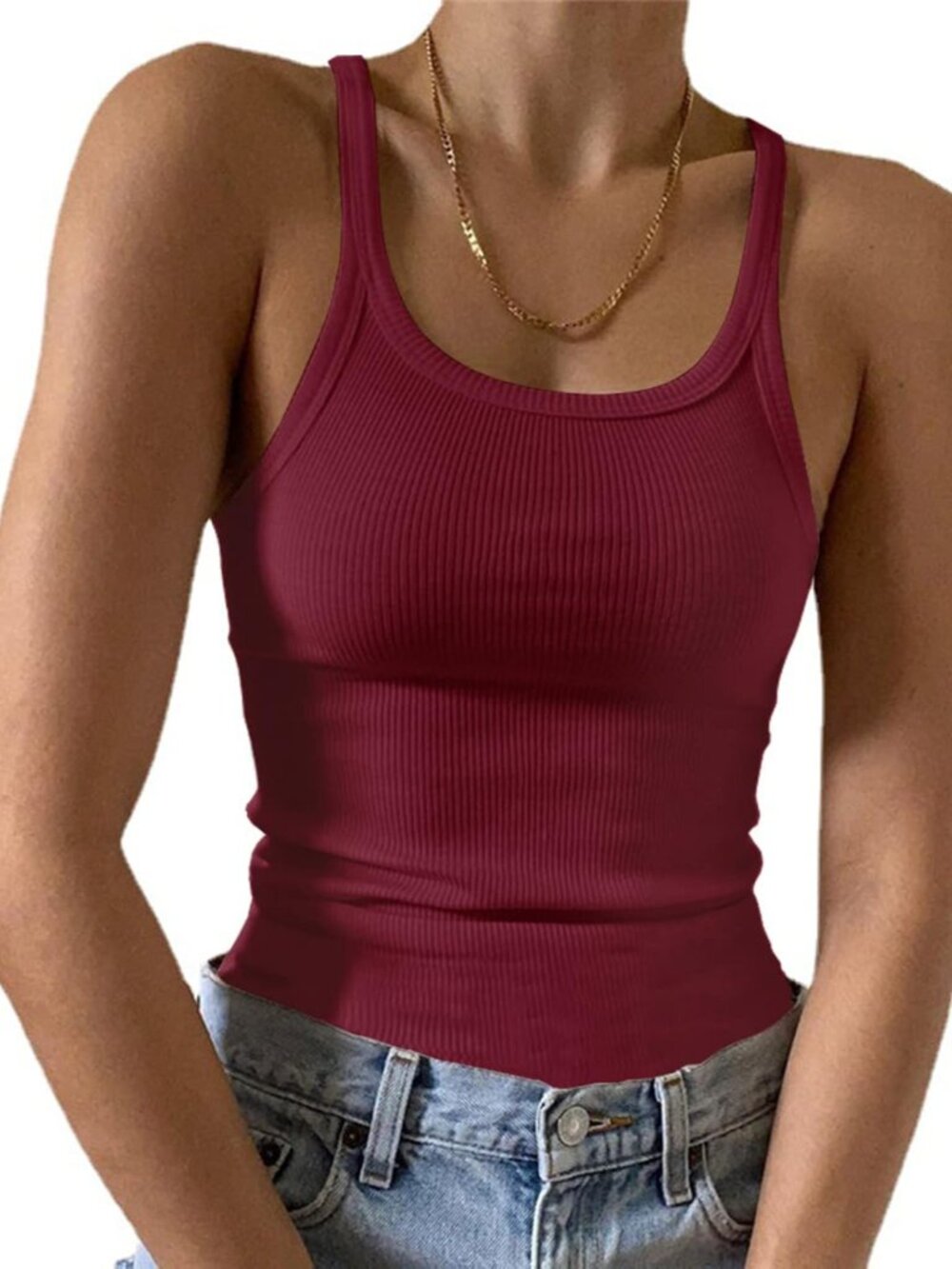Women's Sleeveless Tank Top Form Fitting Scoop Neck Ribbed Knit Basic Cami Shirt